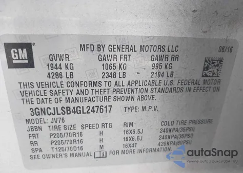 2016 Chevrolet Trax Lt from USA, damaged, VIN 3GNCJLSB4GL247617